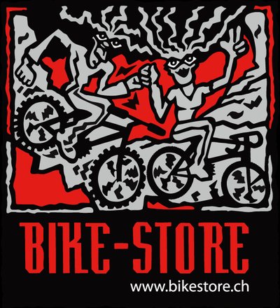 Logo Bikestore Münsingen: drei stilisierte Mountainbike-Figuren auf schwarz-rotem Hintergrund, Schriftzug BIKE-STORE und Domain www.bikestore.ch.