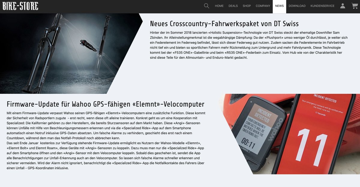 News-Section auf bikestore.ch: redaktionelle Beiträge zu DT-Swiss-Fahrwerken und Wahoo-Firmware-Updates, Beispiel für die kontinuierliche Content-Pflege des Webshops.